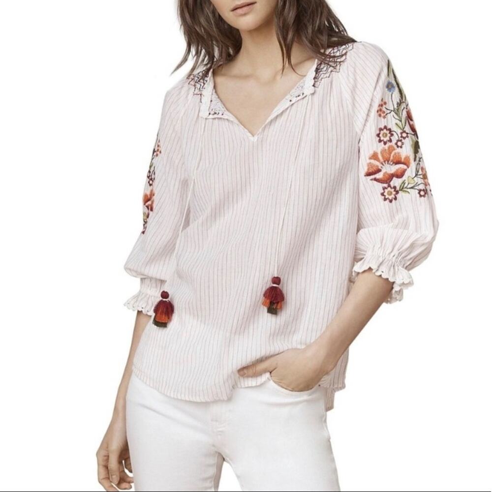 Velvet by Graham & Spencer Rina Embroidered Blouse Small Striped Tassel